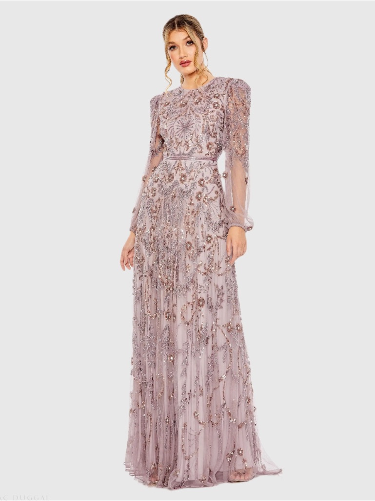 Mac Duggal #93930 Heather Puff Sleeve Embellished A Line Gown Size 12 $798